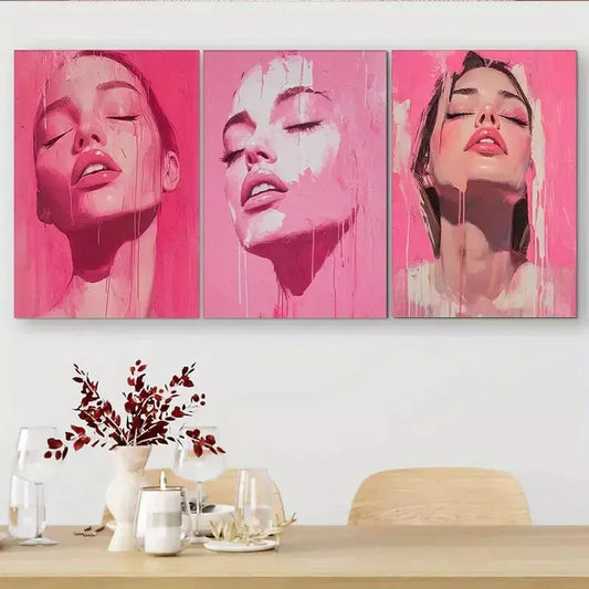 3pcs   Pink Female Portrait Triptych Wall Art Set Canvas Framed 40x60cm - High Quality Print 100% Australian Made Wall Canvas Ready to Hang