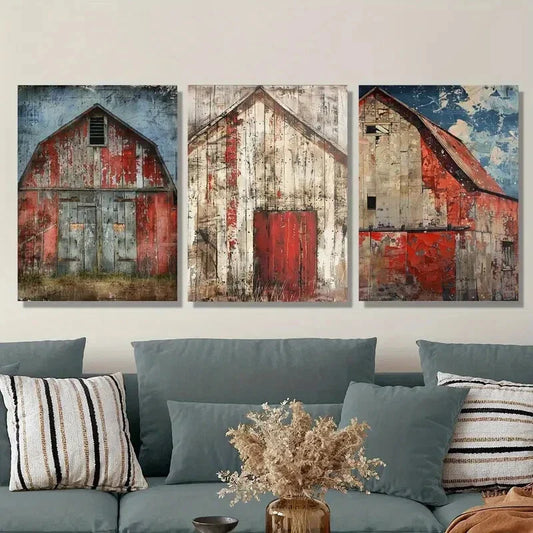 3pcs Vintage barn art painting, dilapidated farm Metal Print Ready to Hang Art