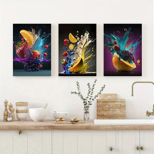 3pcs Colorful Fantastic Fruit Splash Metal Print Ready to Hang Art