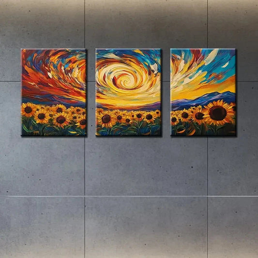 3pcs Golden Sunflowers & Swirling Sky Metal Print Ready to Hang Art