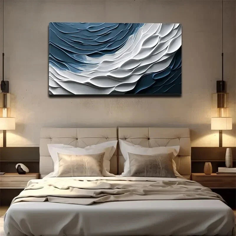 Blue White Textured Design Wall Art Canvas Office Home Room Framed 120x60cm