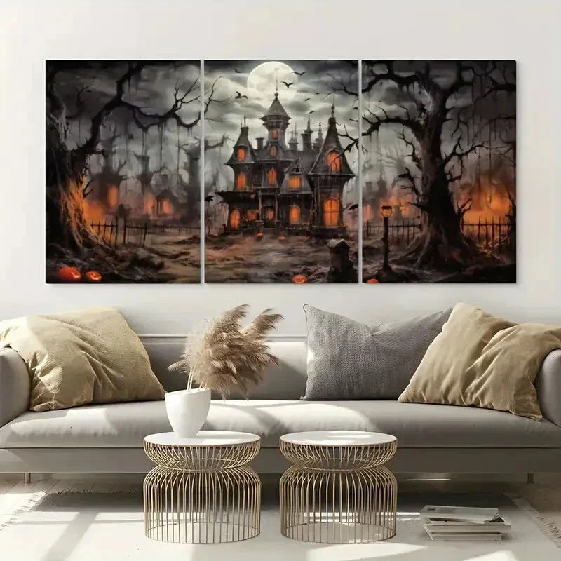 3pcs Halloween Night Ghost Castle Metal Print Ready to Hang Art