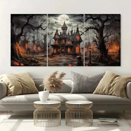 3pcs Halloween Night Ghost Castle Metal Print Ready to Hang Art