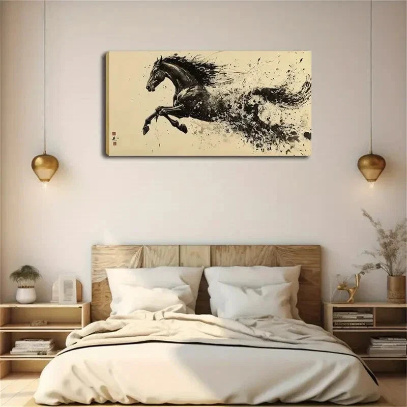 A Dark Horse Running Abstract Wall Art Canvas Office Home Room Framed 120x60cm