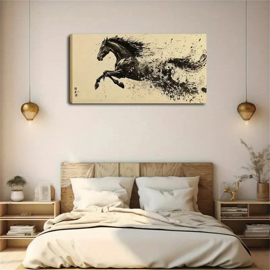 A Dark Horse Running Abstract Wall Art Canvas Office Home Room Framed 120x60cm