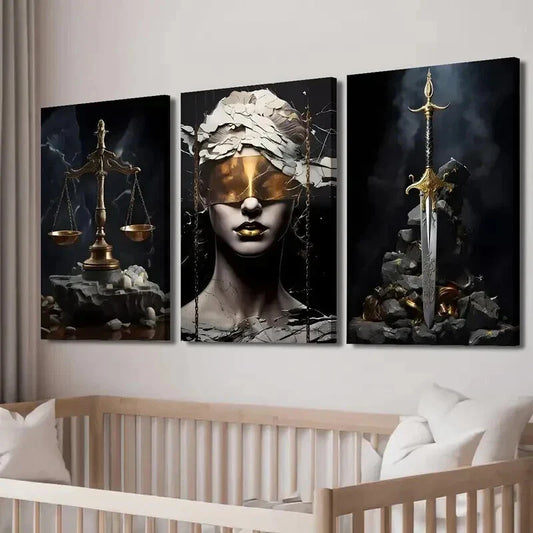 3pcs Scales of Justice & Golden Sword Wall Art Set Canvas Framed 40x60cm - High Quality Print 100% Australian Made Wall Canvas Ready to Hang