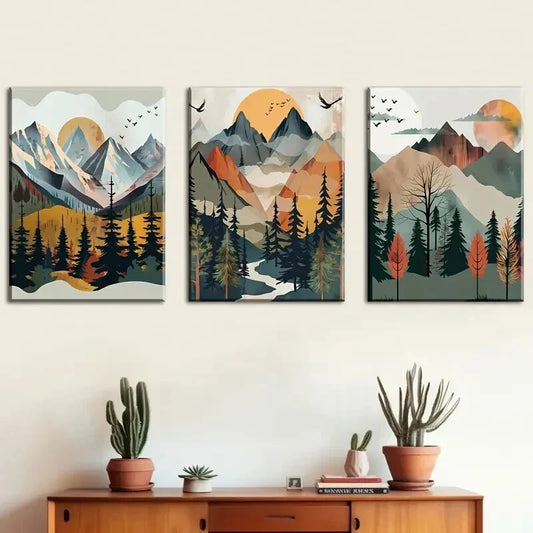 3pcs Abstract Mountain Forest Landscape Metal Print Ready to Hang Art