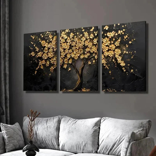 3pcs Abstract Golden Leaf Flower Tree Wall Art Set Canvas Framed 40x60cm - High Quality Print 100% Australian Made Wall Canvas Ready to Hang