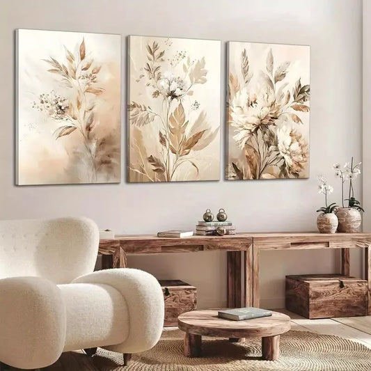 3pcs Neutral Flowers Wildflowers Flowers Plants Canvas Framed 40x60cm - High Quality Print 100% Australian Made Wall Canvas Ready to Hang
