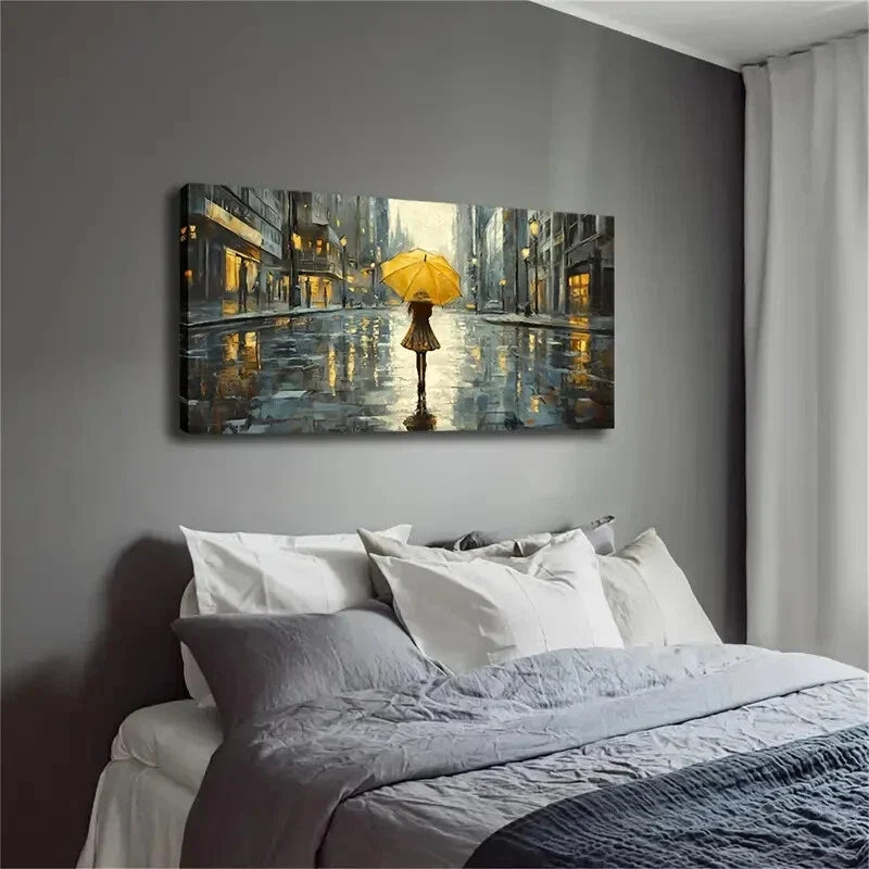 Realistic Rainy City Scene Girl Wall Art Canvas Office Home Room Framed 120x60cm