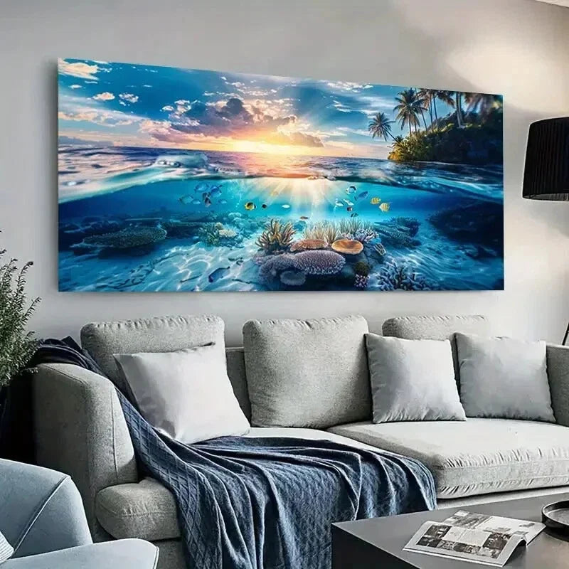 Coral Reef Sunset Sea Tree wall canvas office home room framed 120x60cm