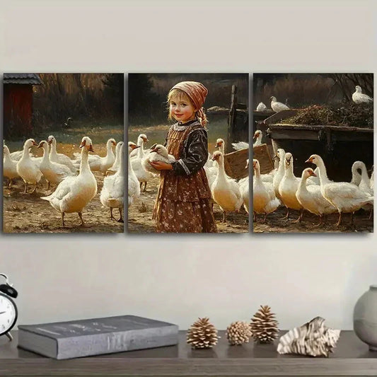 3pcs   The girl feeds the animals on the farm Metal Print Ready to Hang Art