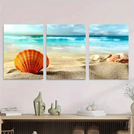 3pcs Beach Seashell Vibrant Ocean & Sandy Shore Metal Print Ready to Hang Art