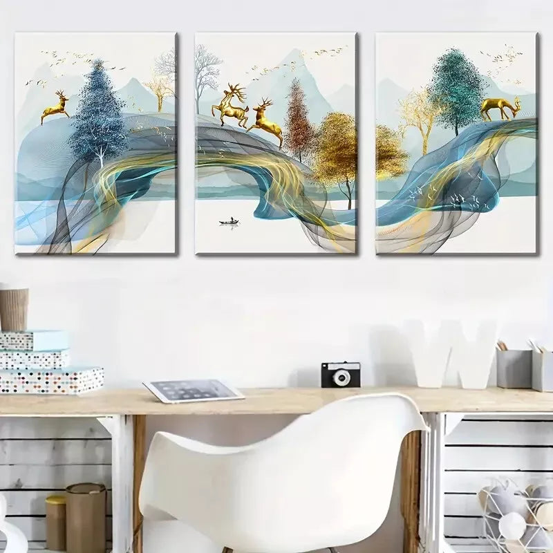 3pcs Modern Geometric Abstract Line Deer Forest Wall Art Set Canvas Framed 40x60cm - High Quality Print 100% Australian Made Wall Canvas Ready to Hang