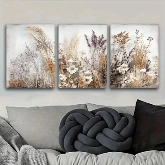3pcs Elegant Three-Panel Dried Flowers Canvas Art Metal Print Ready to Hang Art