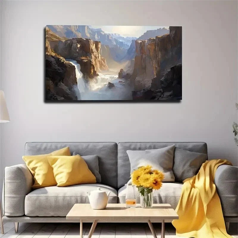 Dramatic Canyon Waterfall Lands Wall Art Canvas Office Home Room Framed 120x60cm