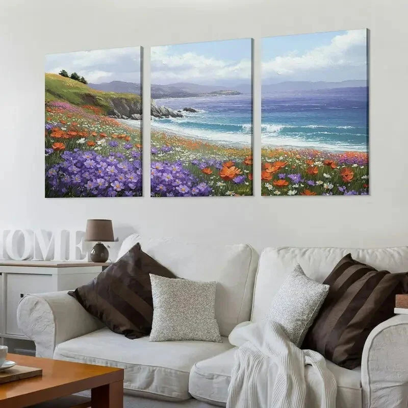 3pcs  Vibrant Daisy & Ocean Landscape Wall Art Set Canvas Framed 40x60cm - High Quality Print 100% Australian Made Wall Canvas Ready to Hang