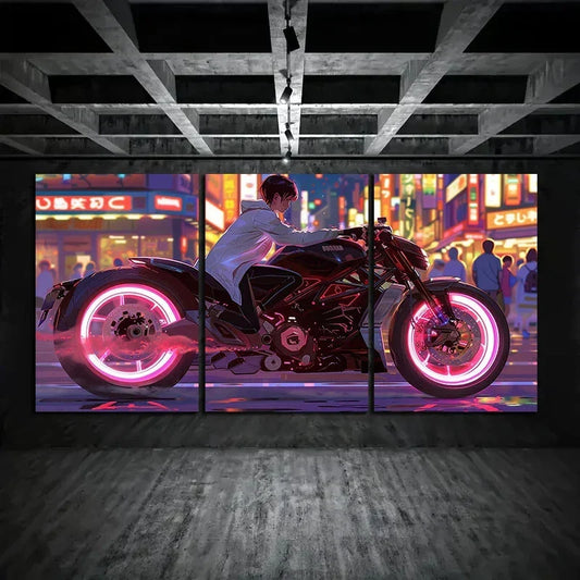 3pcs Vibrant Neon-Lit Rider Scenes Metal Print Ready to Hang Art