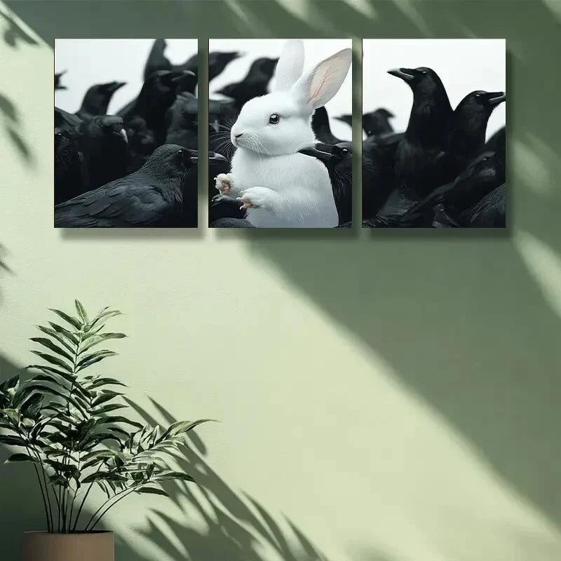 3pcs  White rabbit, crow Animal Art Painting Metal Print Ready to Hang Art