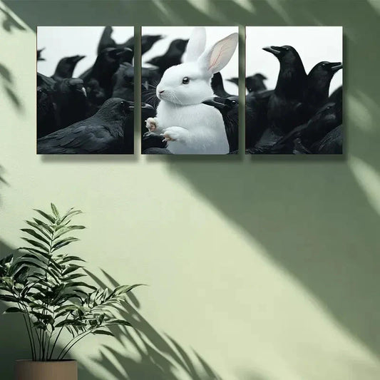 3pcs  White rabbit, crow Animal Art Painting Metal Print Ready to Hang Art