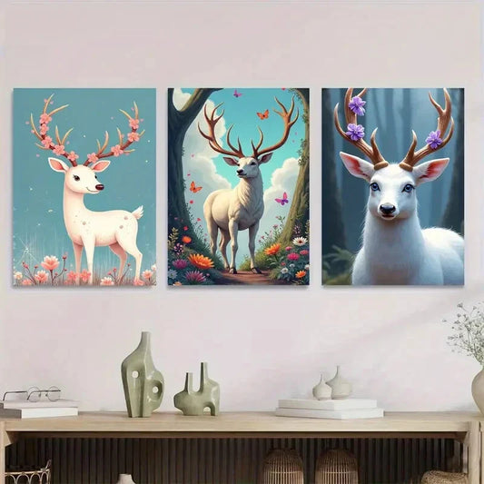 3pcs Deer Forest Triptych Blossoms & Butterflies Wall Art Set Canvas Framed 40x60cm - High Quality Print 100% Australian Made Wall Canvas Ready to Hang