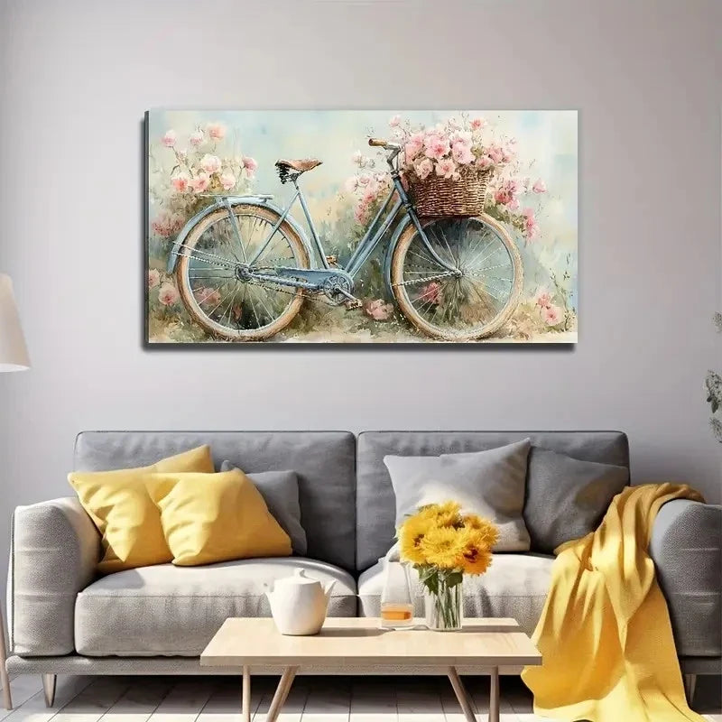Flowers In The Bicycle Basket Wall Art Canvas Office Home Room Framed 80x45cm