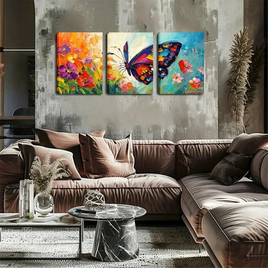 3pcs Vibrant Butterfly and Flower Triptych Wall Art Set Canvas Framed 40x60cm - High Quality Print 100% Australian Made Wall Canvas Ready to Hang