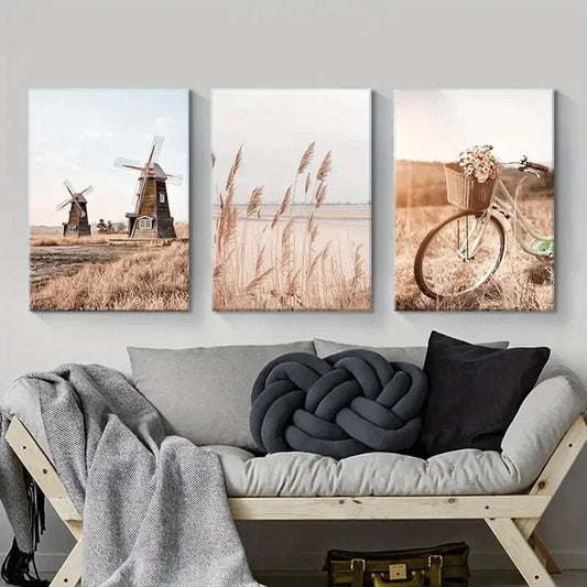 3pcs Beige Grassland Windmill &amp; Reed Metal Print Ready to Hang Art