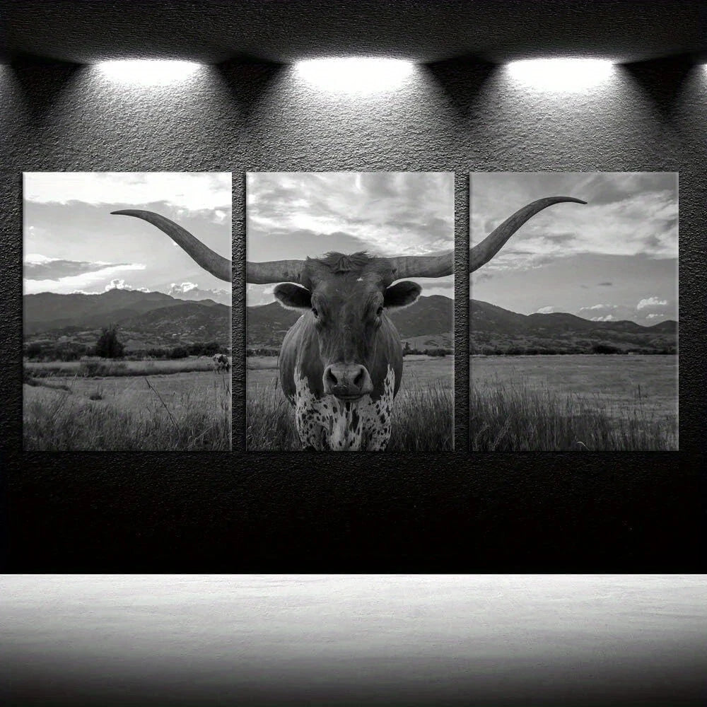 3pcs Highland Cow Long Horn Black and White Metal Print Ready to Hang Art