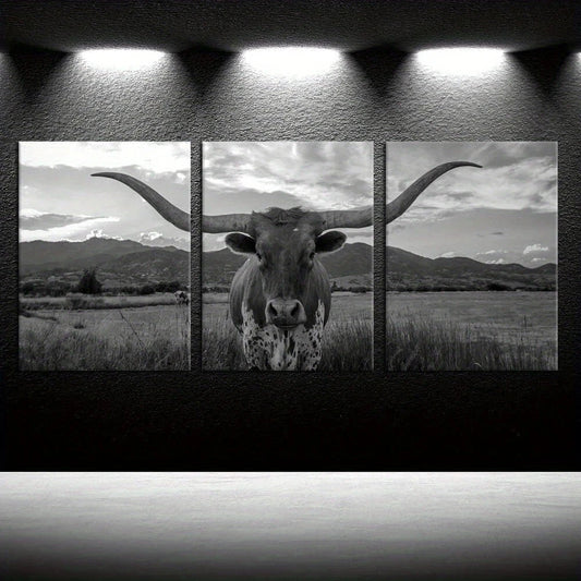 3pcs Highland Cow Long Horn Black and White Metal Print Ready to Hang Art