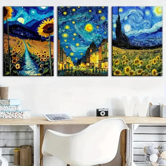 3pcs Van Gogh Sunflower Field Abstract  Metal Print Ready to Hang Art