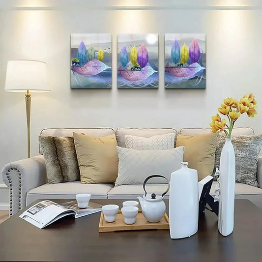 3pcs Abstract Colourful Leaves Deer Metal Print Ready to Hang Art
