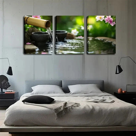 3pcs bamboo flow blooming flowers next to water Wall Art Set Canvas Framed 40x60cm - High Quality Print 100% Australian Made Wall Canvas Ready to Hang
