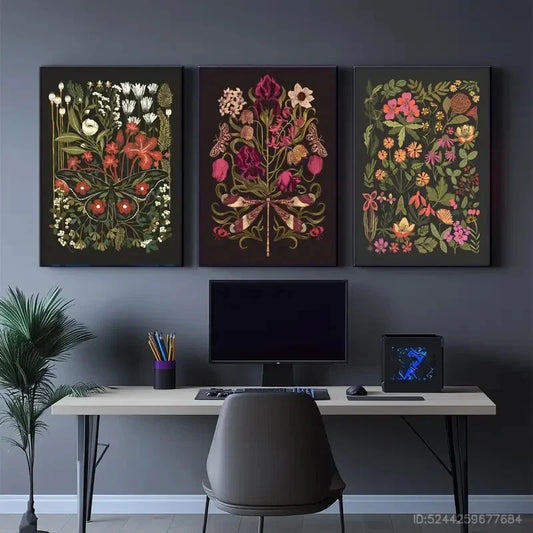 3pcs Butterfly Dragonfly Floral Designs Metal Print Ready to Hang Art