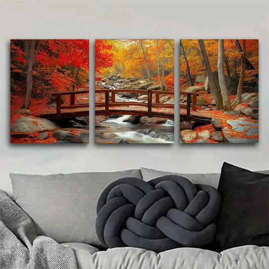 3pcs Red Leaves And Autumn Bridge Printing Poster Metal Print Ready to Hang Art