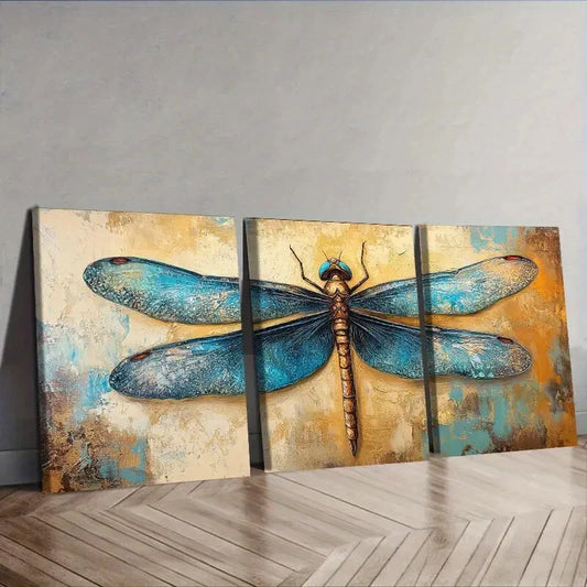 3pcs Blue Dragonfly Wall Art Set Canvas Framed 40x60cm - High Quality Print 100% Australian Made Wall Canvas Ready to Hang