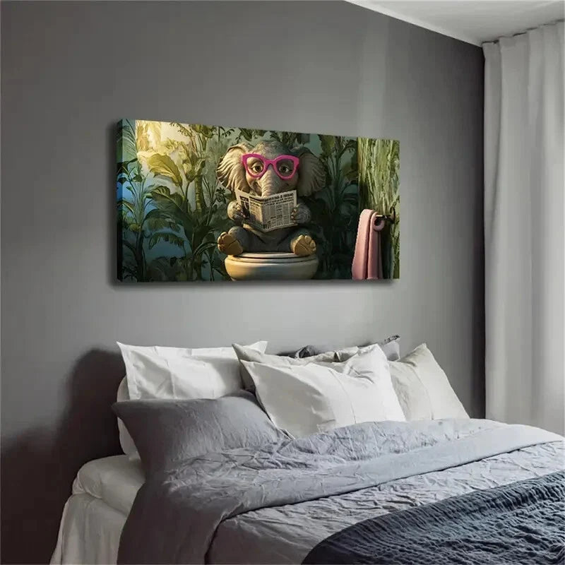 Whimsical Elephant Sitting Wall Art Canvas Office Home Room Framed 120x60cm