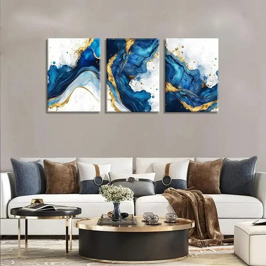 3pcs Blue Golden Abstract White Blue Golden  Metal Print Ready to Hang Art