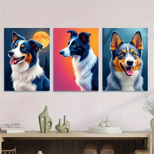 3pcs Colorful Border Collie Dog Moonlit Sky Metal Print Ready to Hang Art