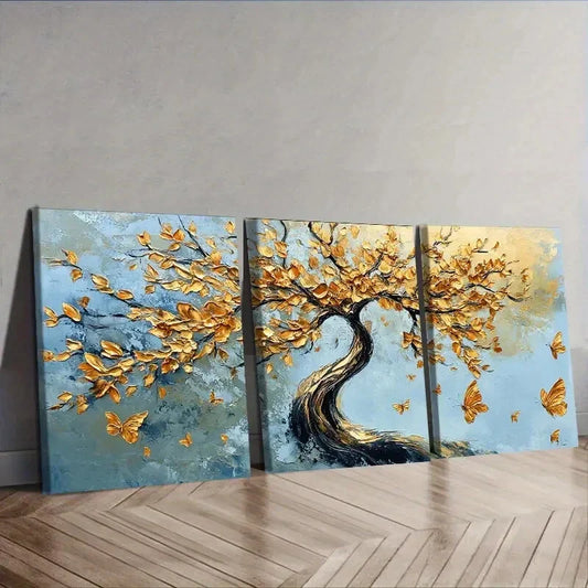 3pcs An abstract tree with golden leaves Wall Art Set Canvas Framed 40x60cm - High Quality Print 100% Australian Made Wall Canvas Ready to Hang