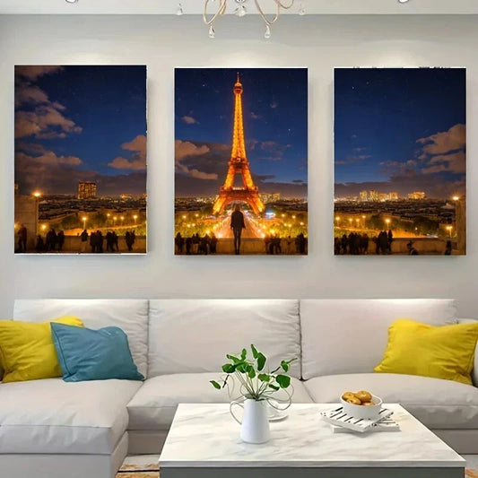 3pcs A Group of People Standing in Front Of Tower Metal Print Ready to Hang Art