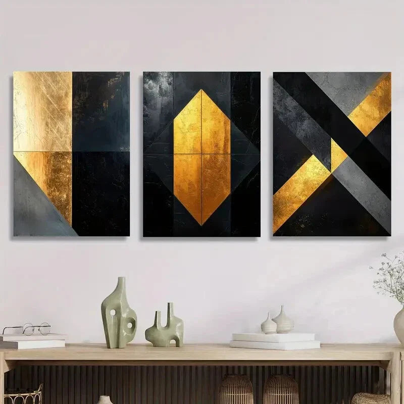 3pcs Abstract Golden and Black Geometric Metal Print Ready to Hang Art