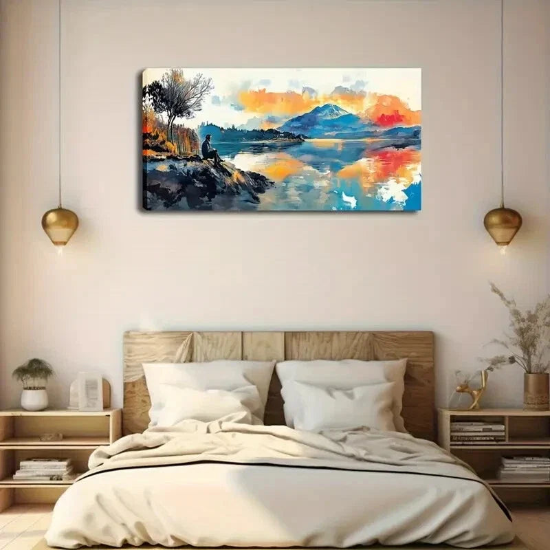 Tranquil Lake Scene Vibrant Wall Art Canvas Office Home Room Framed 120x60cm