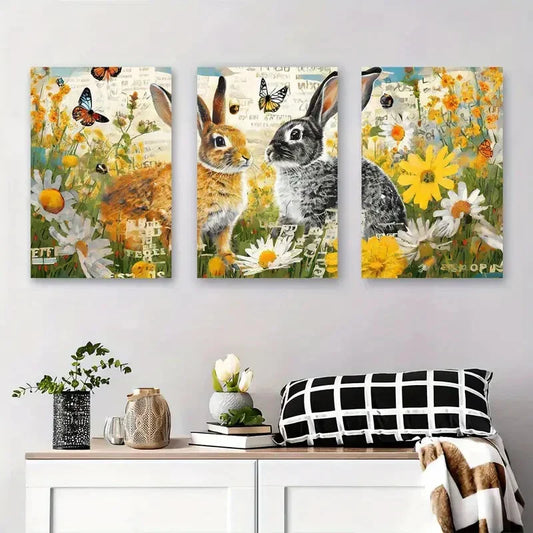 3pcs Whimsical Rabbit & Butterfly Metal Print Ready to Hang Art