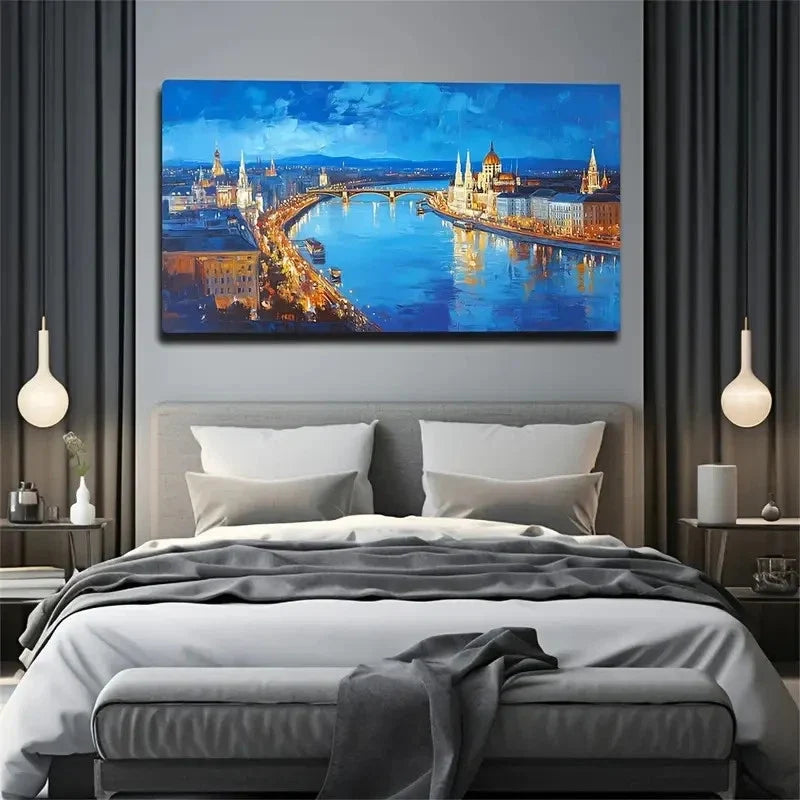 Vibrant Blue Sky And City River Wall Art Canvas Office Home Room Framed 80x45cm