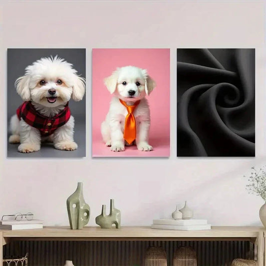 3pcs Cute Puppy Adorable Dog Pink & Black Wall Art Set Canvas Framed 40x60cm - High Quality Print 100% Australian Made Wall Canvas Ready to Hang