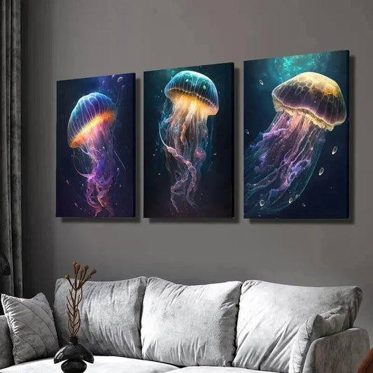 3pcs Vibrant Galaxy Jellyfish Sea Life Wall Art Set Canvas Framed 40x60cm - High Quality Print 100% Australian Made Wall Canvas Ready to Hang