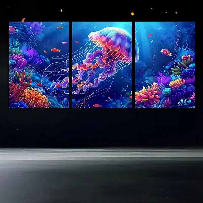 3pcs Marine Life Jellyfish and Coral Reef Metal Print Ready to Hang Art