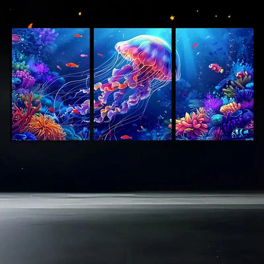 3pcs Marine Life Jellyfish and Coral Reef Metal Print Ready to Hang Art