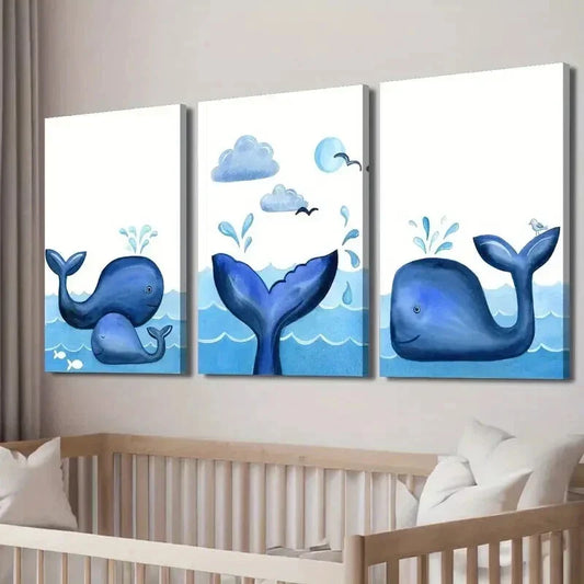 3pcs Blue Ocean Whale And Bird Decor Wall Art Set Canvas Framed 40x60cm - High Quality Print 100% Australian Made Wall Canvas Ready to Hang